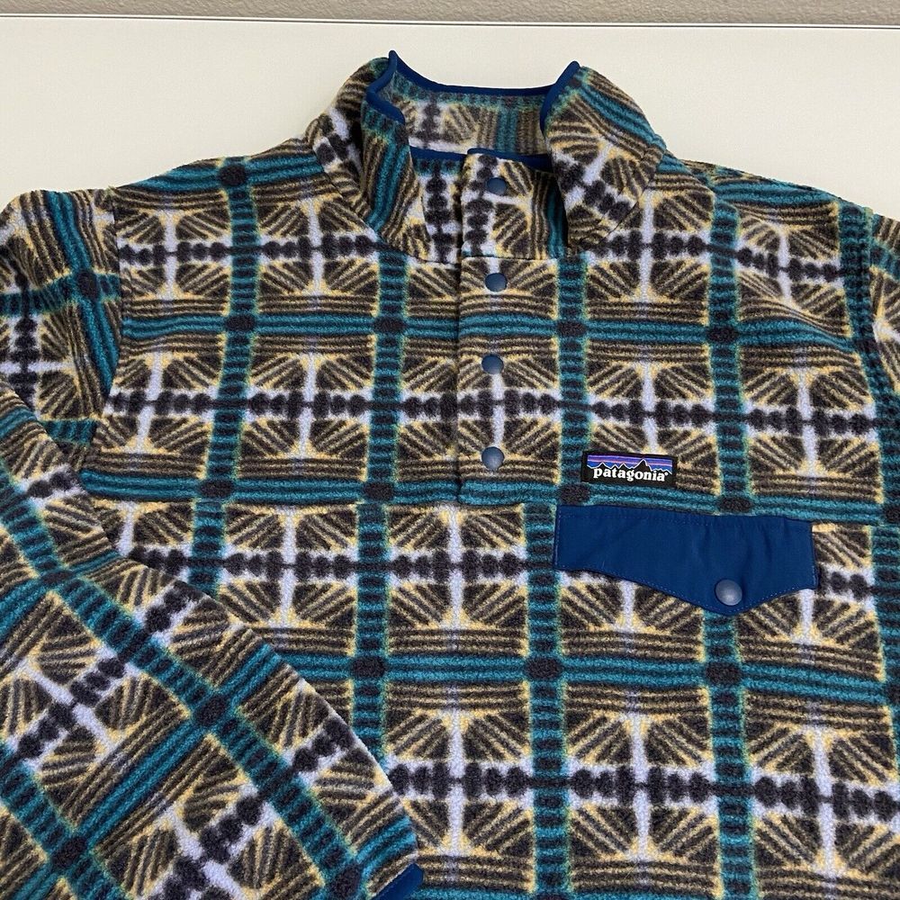 Patagonia Teal Blue White Brown Geometric Snap Fleece Pullover